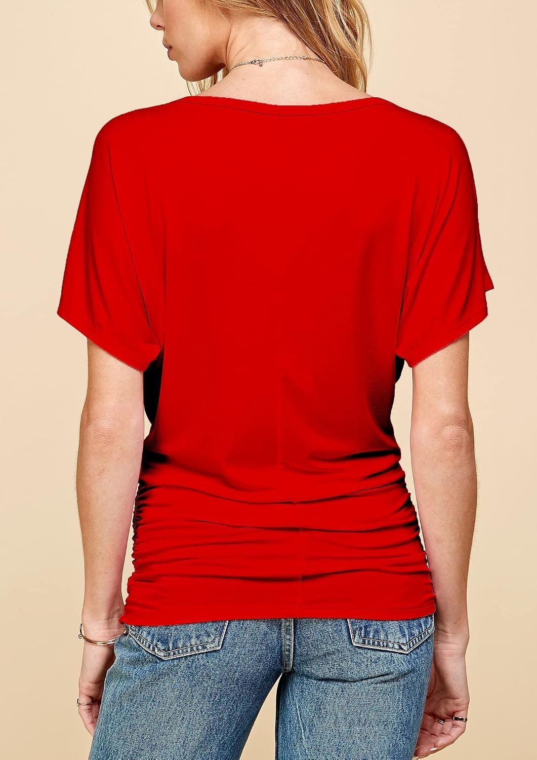 image:imageMade By Johnny Womens Casual Solid Short Sleeve Boat NeckV Neck Dolman Top T Shirt with Side ShirringWt817red