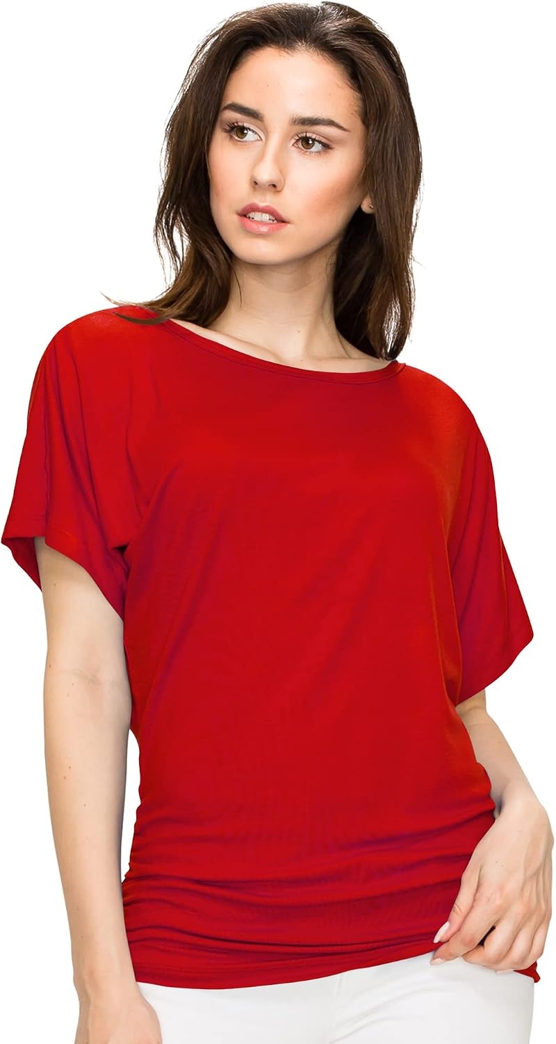 image:imageMade By Johnny Womens Casual Solid Short Sleeve Boat NeckV Neck Dolman Top T Shirt with Side ShirringWt817red