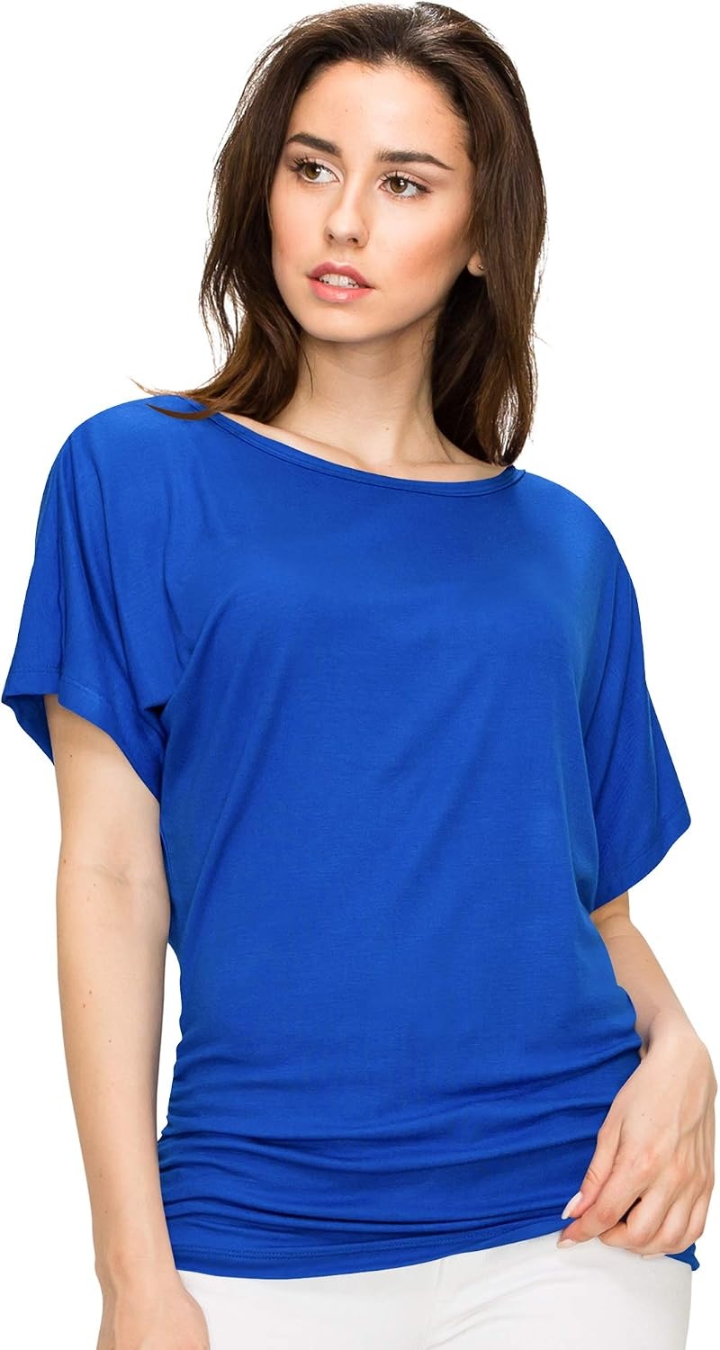 image:imageMade By Johnny Womens Casual Solid Short Sleeve Boat NeckV Neck Dolman Top T Shirt with Side ShirringWt817royalbrite