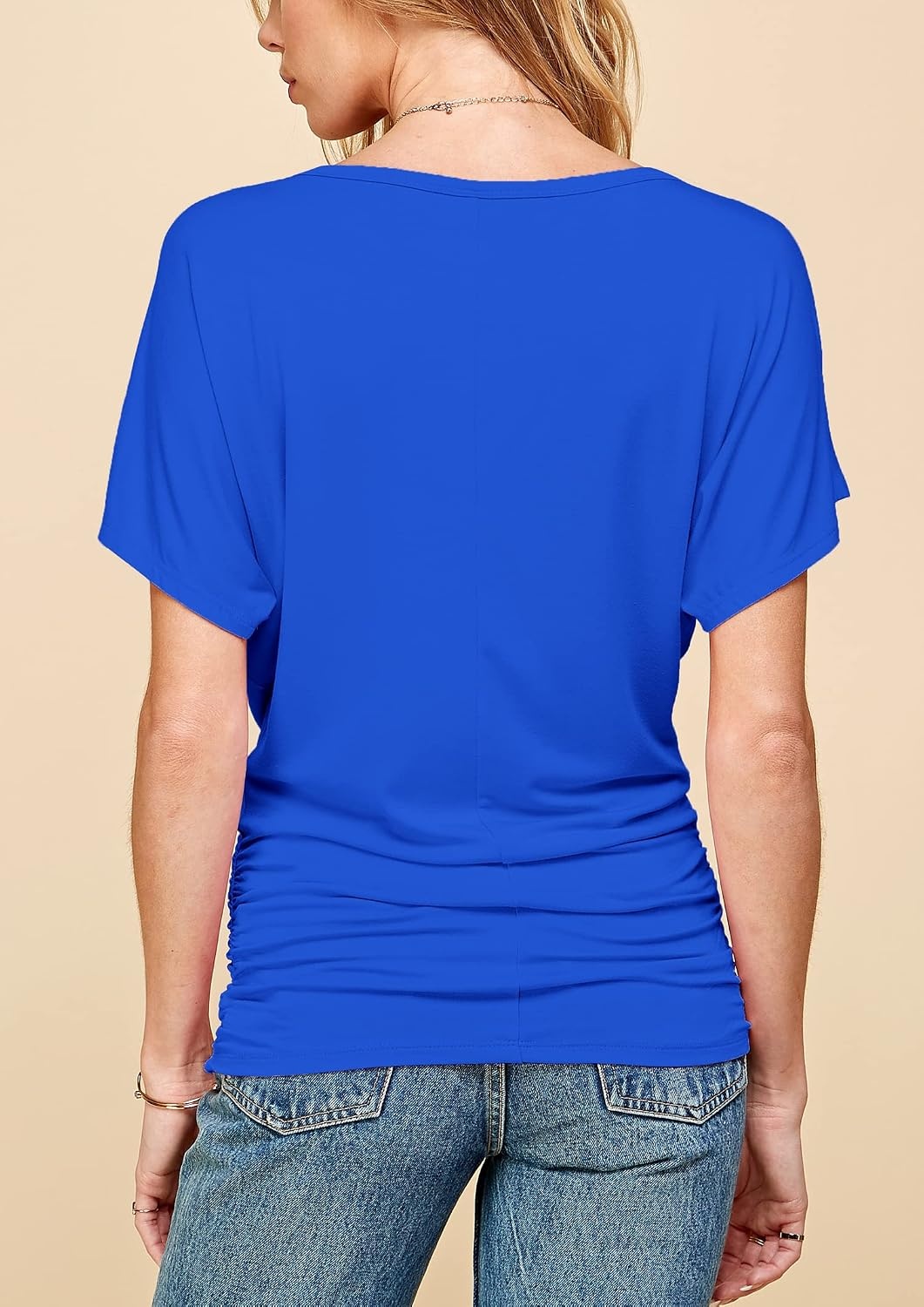 image:imageMade By Johnny Womens Casual Solid Short Sleeve Boat NeckV Neck Dolman Top T Shirt with Side ShirringWt817royalbrite