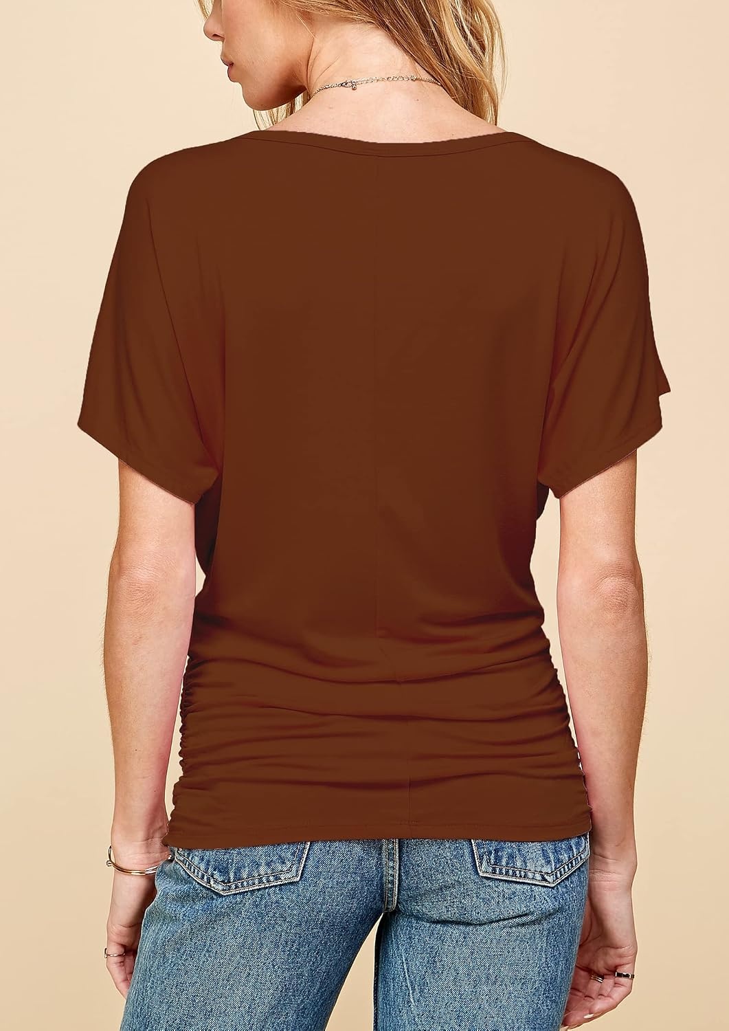 image:imageMade By Johnny Womens Casual Solid Short Sleeve Boat NeckV Neck Dolman Top T Shirt with Side ShirringWt817rust