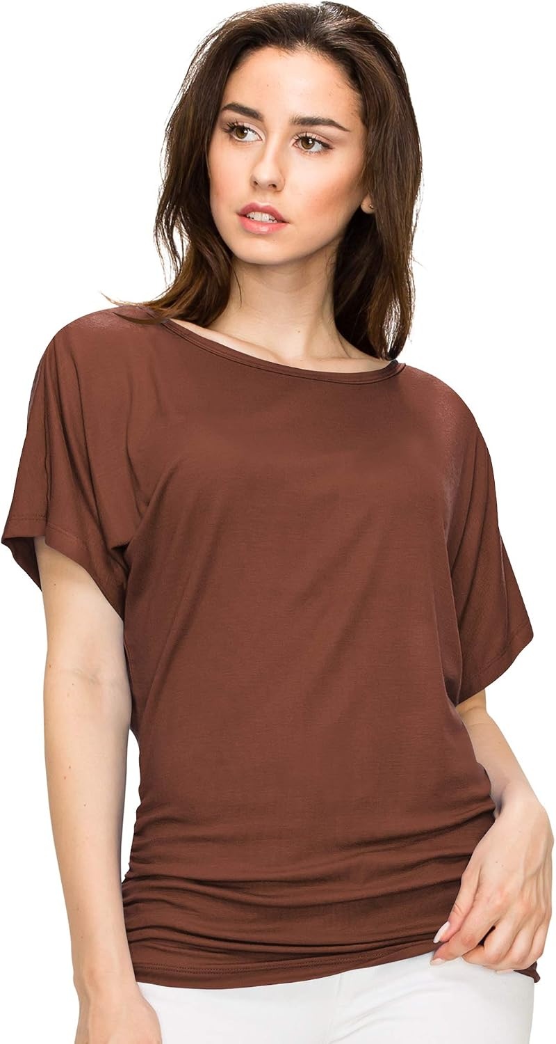 image:imageMade By Johnny Womens Casual Solid Short Sleeve Boat NeckV Neck Dolman Top T Shirt with Side ShirringWt817rust