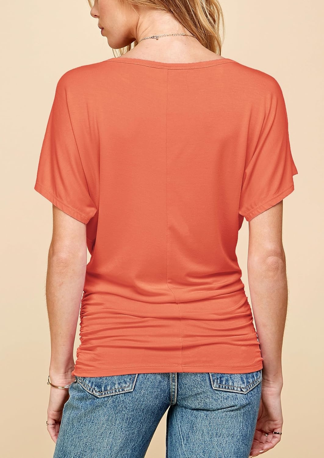 image:imageMade By Johnny Womens Casual Solid Short Sleeve Boat NeckV Neck Dolman Top T Shirt with Side ShirringWt817salmon