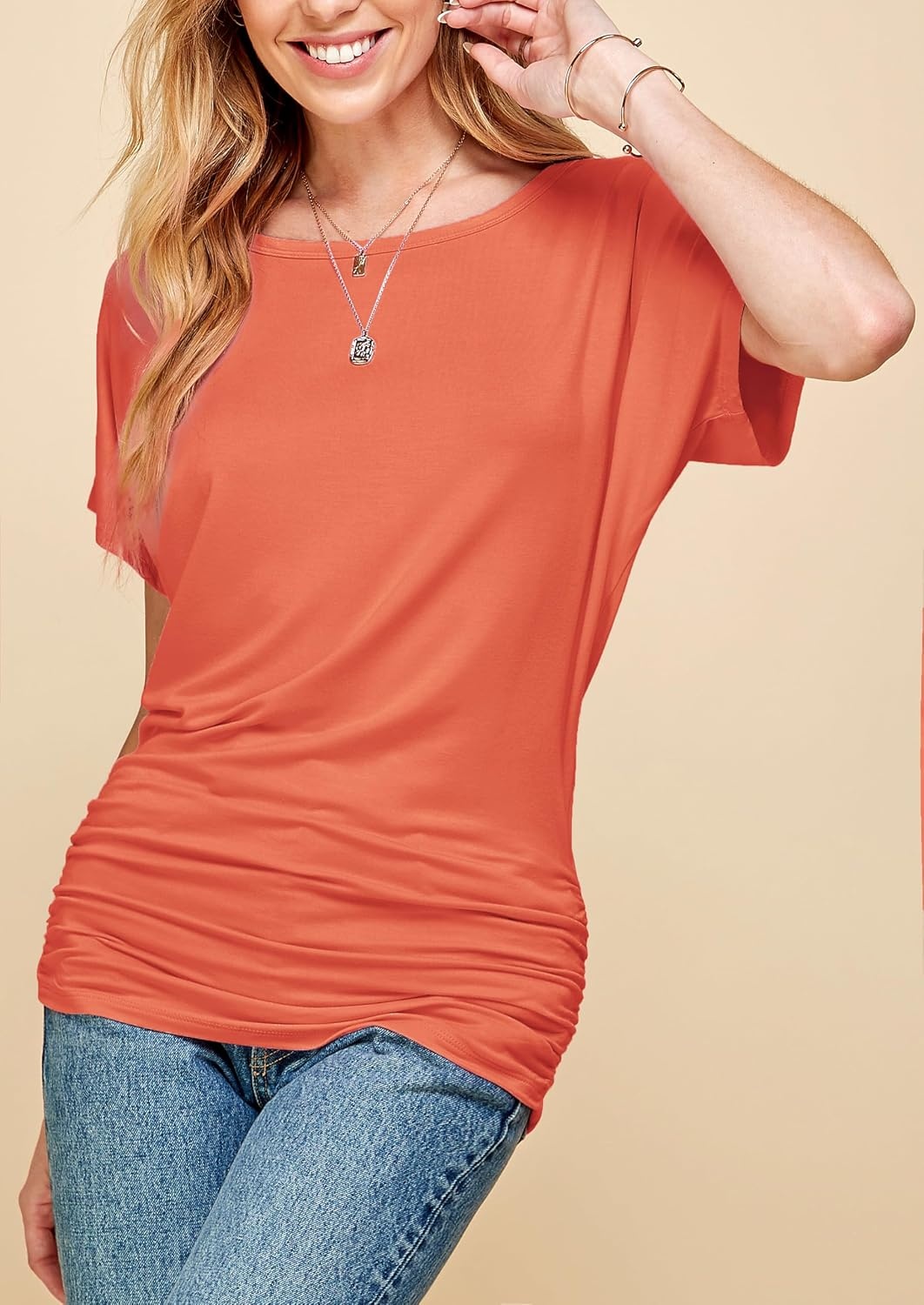 image:imageMade By Johnny Womens Casual Solid Short Sleeve Boat NeckV Neck Dolman Top T Shirt with Side ShirringWt817salmon