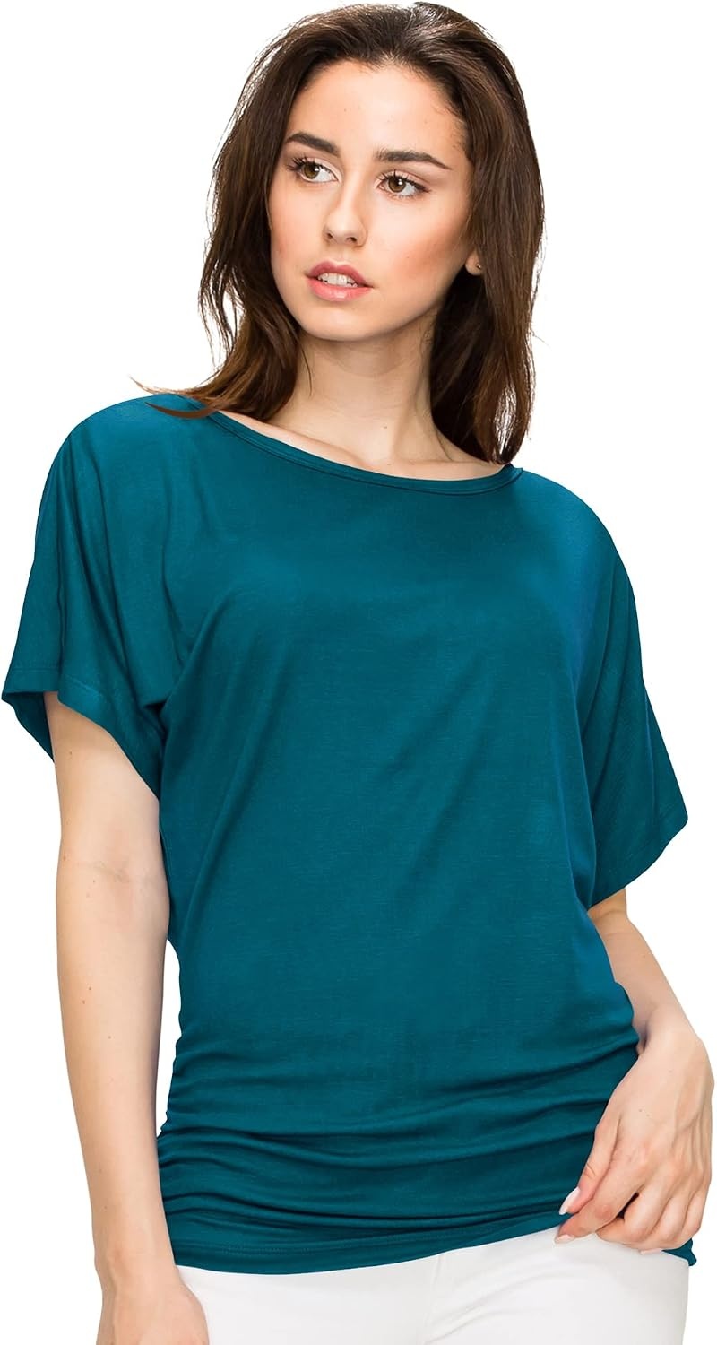 image:imageMade By Johnny Womens Casual Solid Short Sleeve Boat NeckV Neck Dolman Top T Shirt with Side ShirringWt817teal