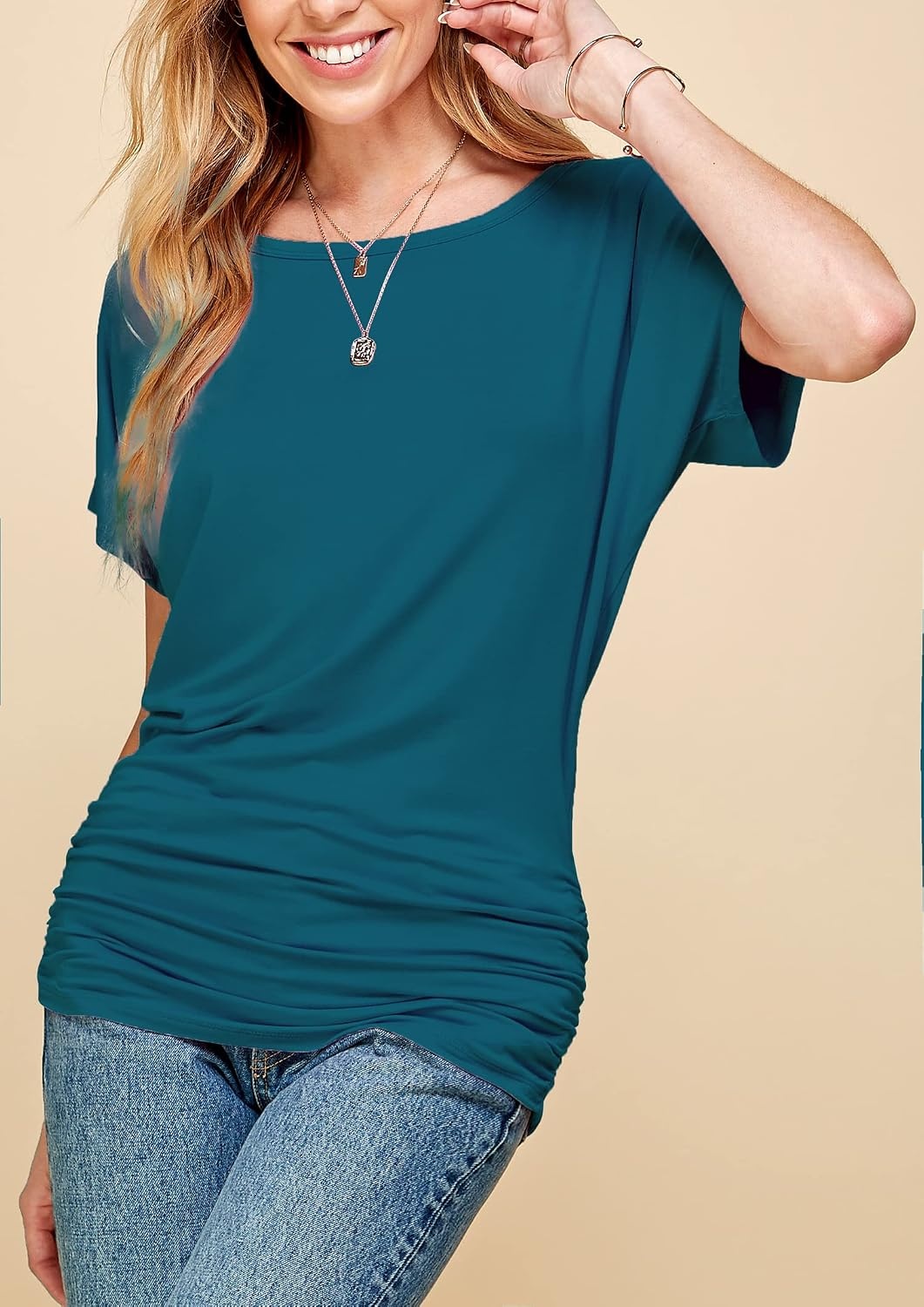 image:imageMade By Johnny Womens Casual Solid Short Sleeve Boat NeckV Neck Dolman Top T Shirt with Side ShirringWt817teal