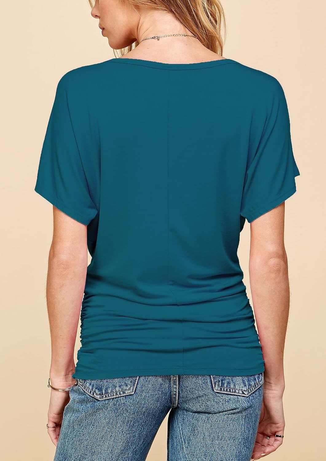 image:imageMade By Johnny Womens Casual Solid Short Sleeve Boat NeckV Neck Dolman Top T Shirt with Side ShirringWt817teal
