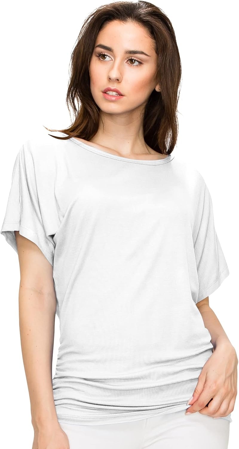 image:imageMade By Johnny Womens Casual Solid Short Sleeve Boat NeckV Neck Dolman Top T Shirt with Side ShirringWt817white