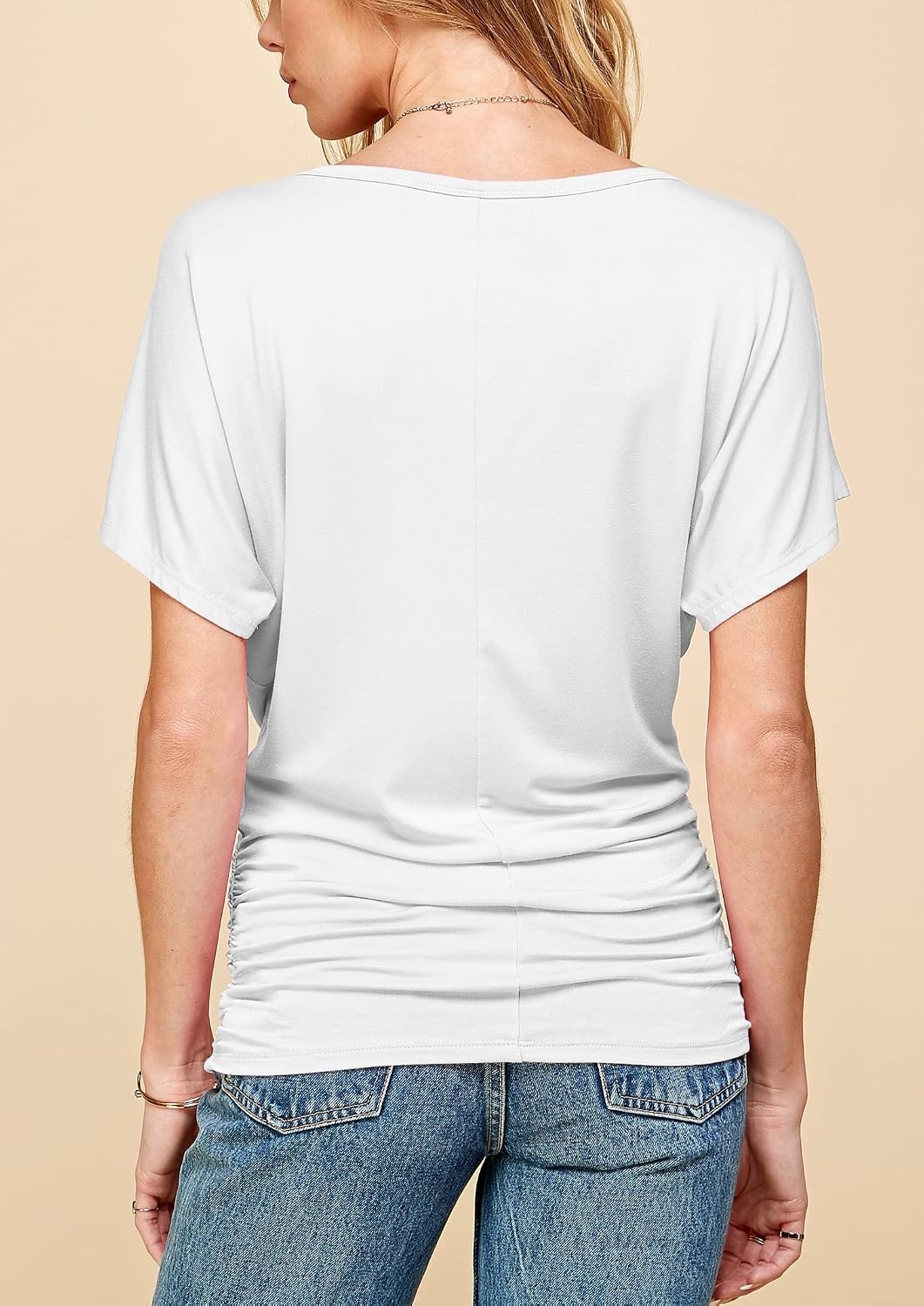 image:imageMade By Johnny Womens Casual Solid Short Sleeve Boat NeckV Neck Dolman Top T Shirt with Side ShirringWt817white