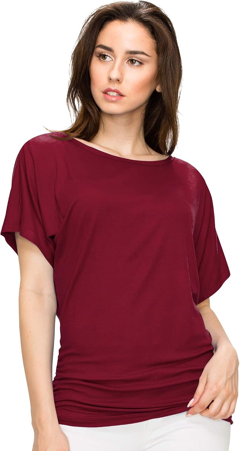 image:imageMade By Johnny Womens Casual Solid Short Sleeve Boat NeckV Neck Dolman Top T Shirt with Side ShirringWt817wine