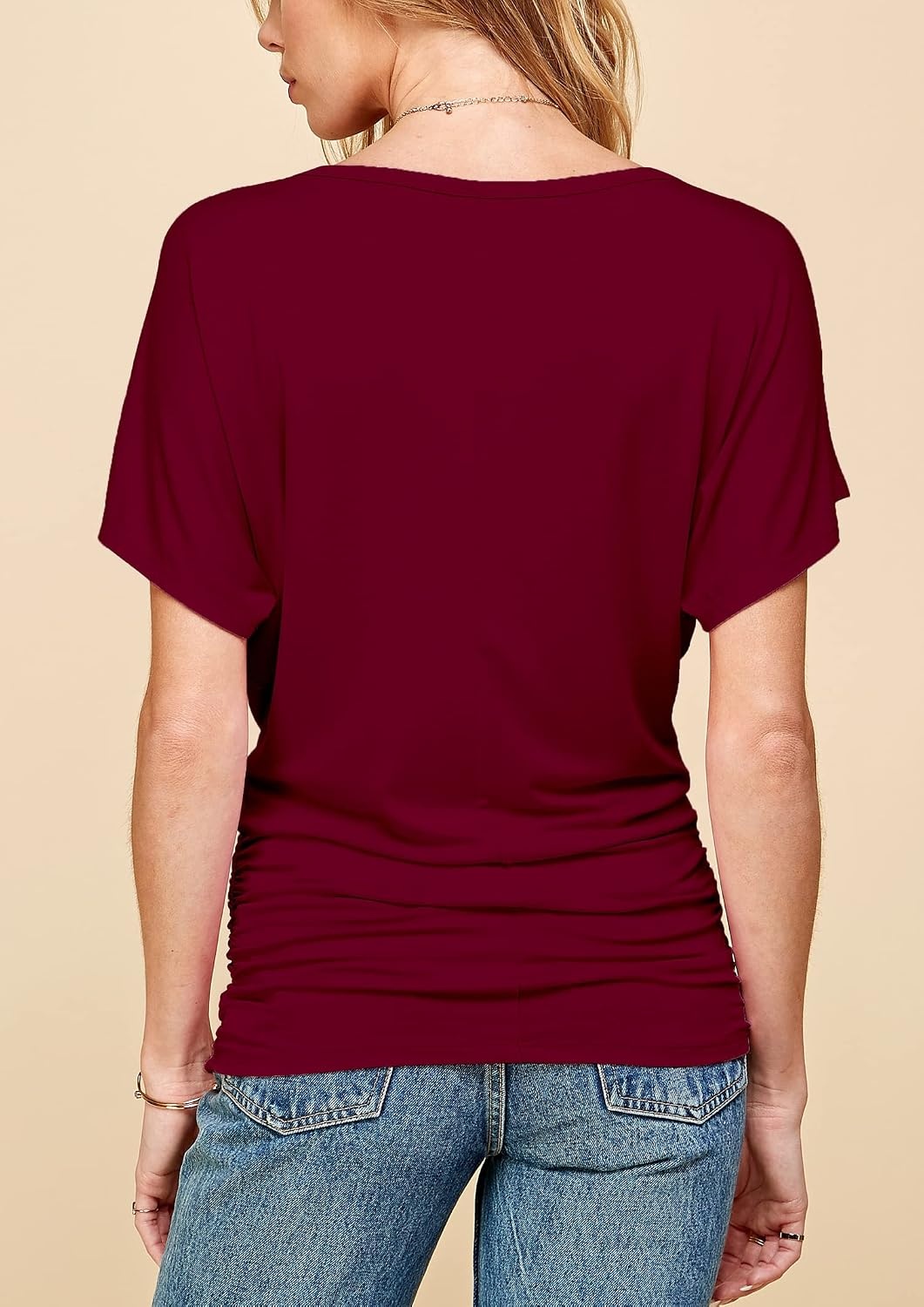 image:imageMade By Johnny Womens Casual Solid Short Sleeve Boat NeckV Neck Dolman Top T Shirt with Side ShirringWt817wine
