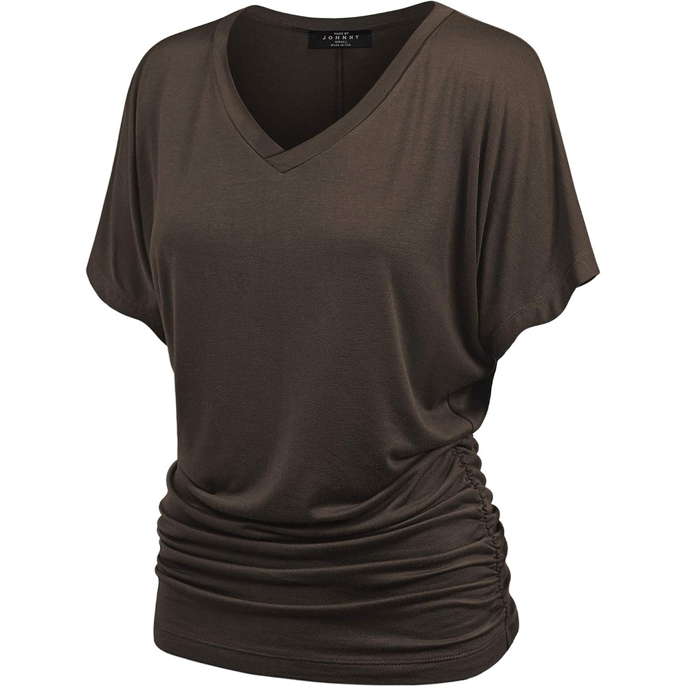 image:imageMade By Johnny Womens Casual Solid Short Sleeve Boat NeckV Neck Dolman Top T Shirt with Side ShirringWt1037brown