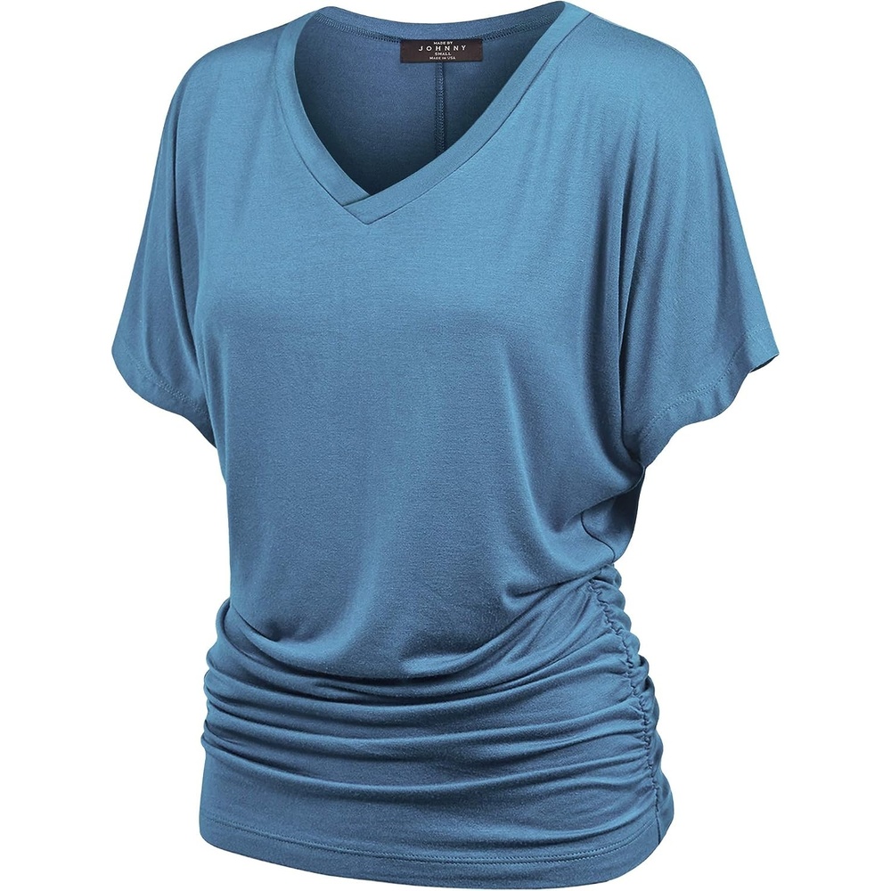 image:imageMade By Johnny Womens Casual Solid Short Sleeve Boat NeckV Neck Dolman Top T Shirt with Side ShirringWt1037denim