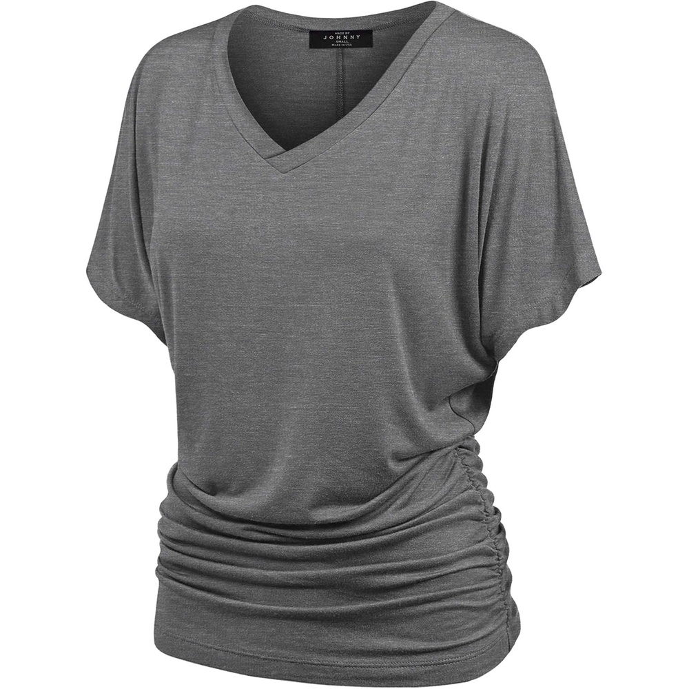 image:imageMade By Johnny Womens Casual Solid Short Sleeve Boat NeckV Neck Dolman Top T Shirt with Side ShirringWt1037heatherdarkgrey