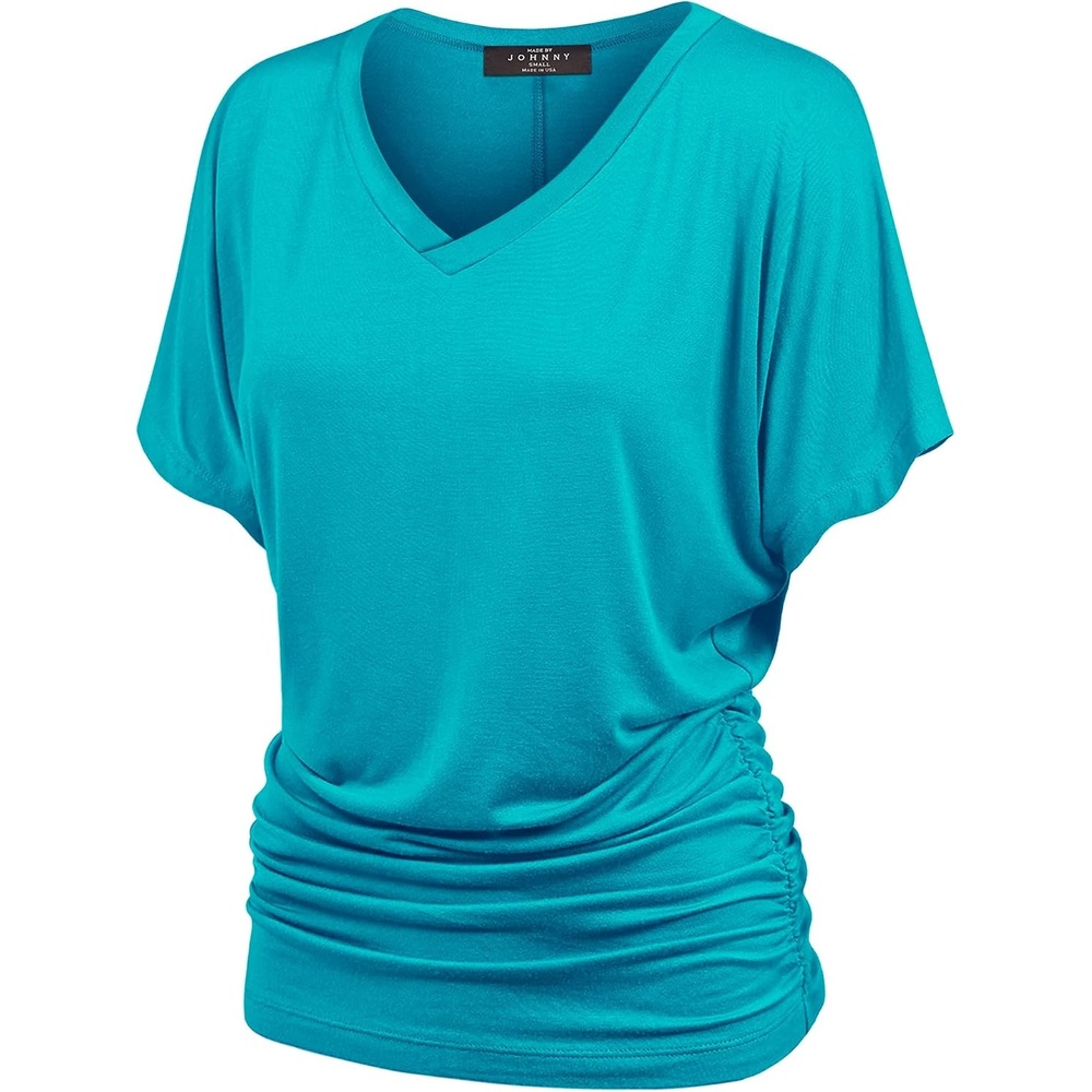 image:imageMade By Johnny Womens Casual Solid Short Sleeve Boat NeckV Neck Dolman Top T Shirt with Side ShirringWt1037jade