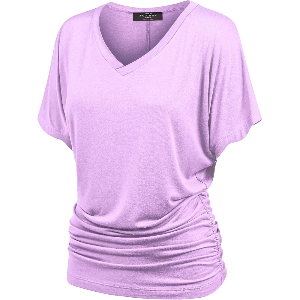 image:imageMade By Johnny Womens Casual Solid Short Sleeve Boat NeckV Neck Dolman Top T Shirt with Side ShirringWt1037lilac
