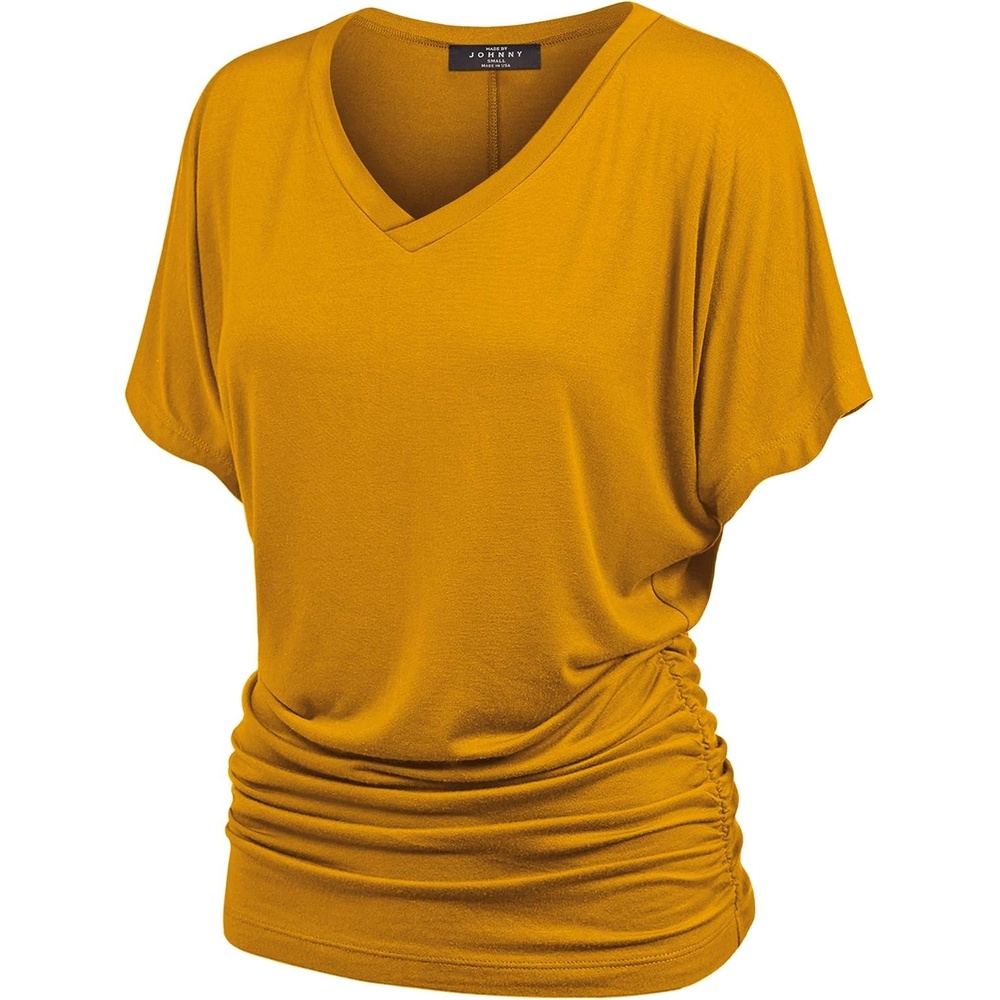 image:imageMade By Johnny Womens Casual Solid Short Sleeve Boat NeckV Neck Dolman Top T Shirt with Side ShirringWt1037mustard