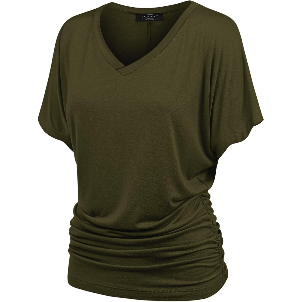 image:imageMade By Johnny Womens Casual Solid Short Sleeve Boat NeckV Neck Dolman Top T Shirt with Side ShirringWt1037olive
