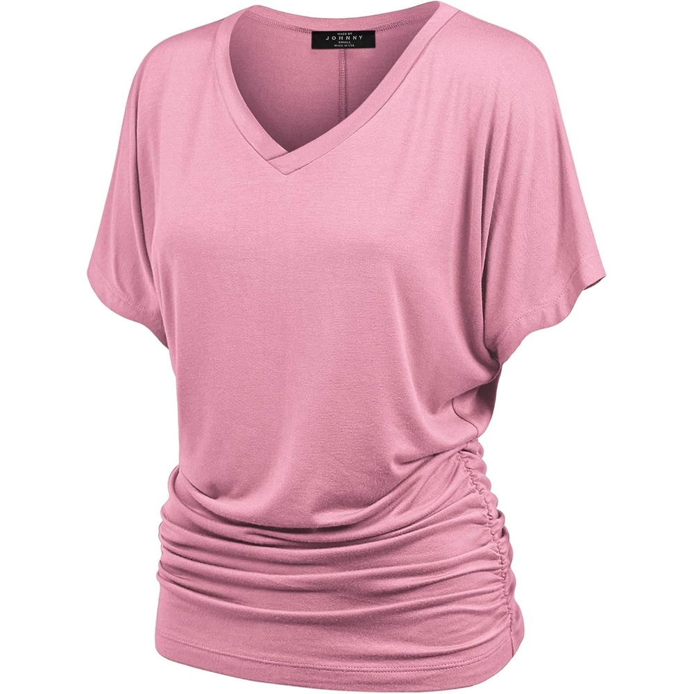 image:imageMade By Johnny Womens Casual Solid Short Sleeve Boat NeckV Neck Dolman Top T Shirt with Side ShirringWt1037pink