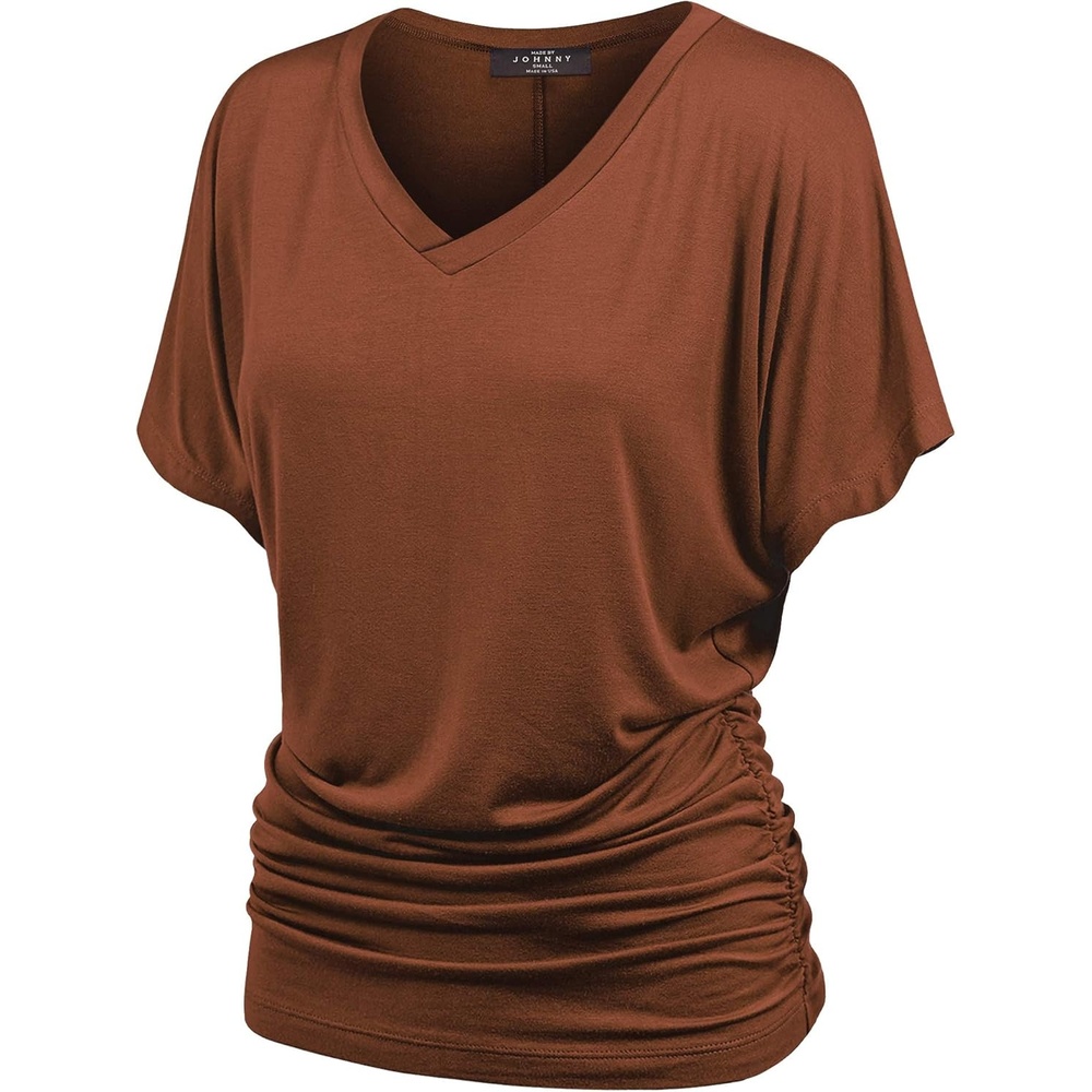 image:imageMade By Johnny Womens Casual Solid Short Sleeve Boat NeckV Neck Dolman Top T Shirt with Side ShirringWt1037rust