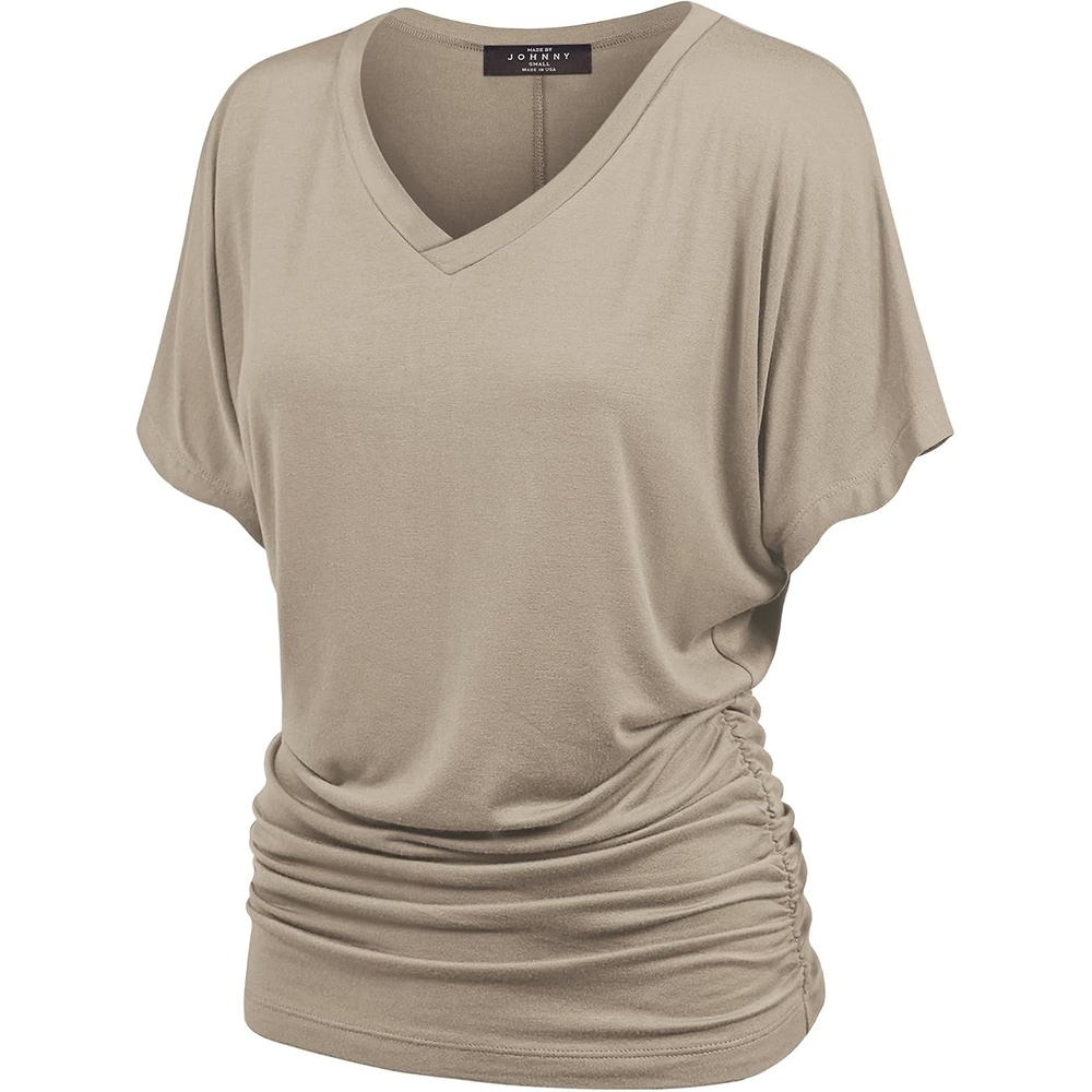 image:imageMade By Johnny Womens Casual Solid Short Sleeve Boat NeckV Neck Dolman Top T Shirt with Side ShirringWt1037taupe
