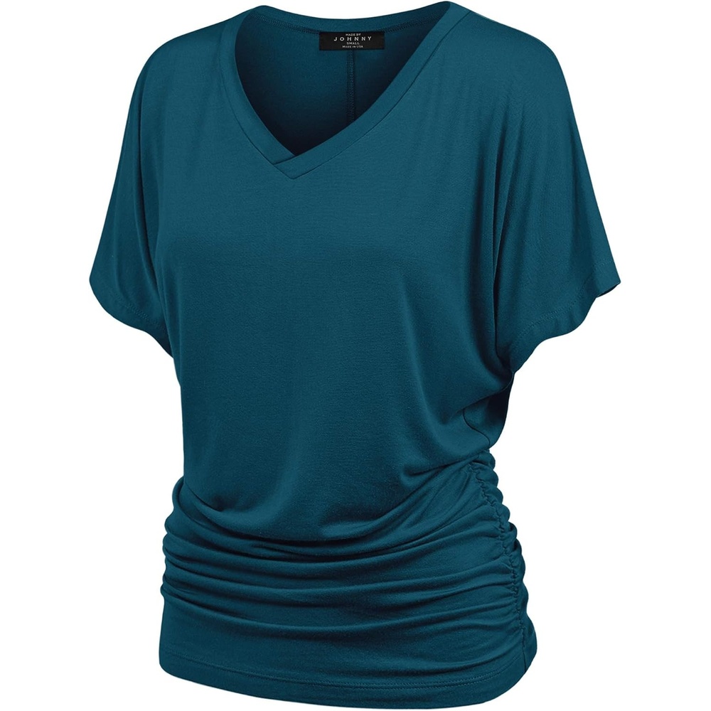 image:imageMade By Johnny Womens Casual Solid Short Sleeve Boat NeckV Neck Dolman Top T Shirt with Side ShirringWt1037teal