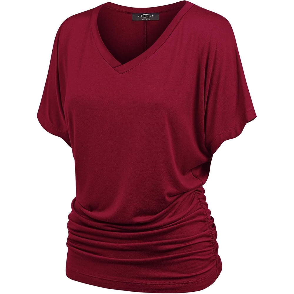 image:imageMade By Johnny Womens Casual Solid Short Sleeve Boat NeckV Neck Dolman Top T Shirt with Side ShirringWt1037wine