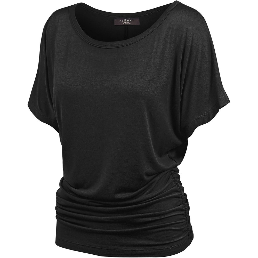image:imageMade By Johnny Womens Casual Solid Short Sleeve Boat NeckV Neck Dolman Top T Shirt with Side ShirringWt817black