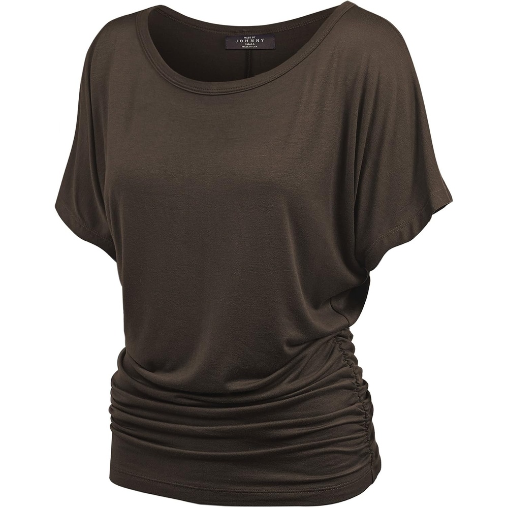 image:imageMade By Johnny Womens Casual Solid Short Sleeve Boat NeckV Neck Dolman Top T Shirt with Side ShirringWt817brown