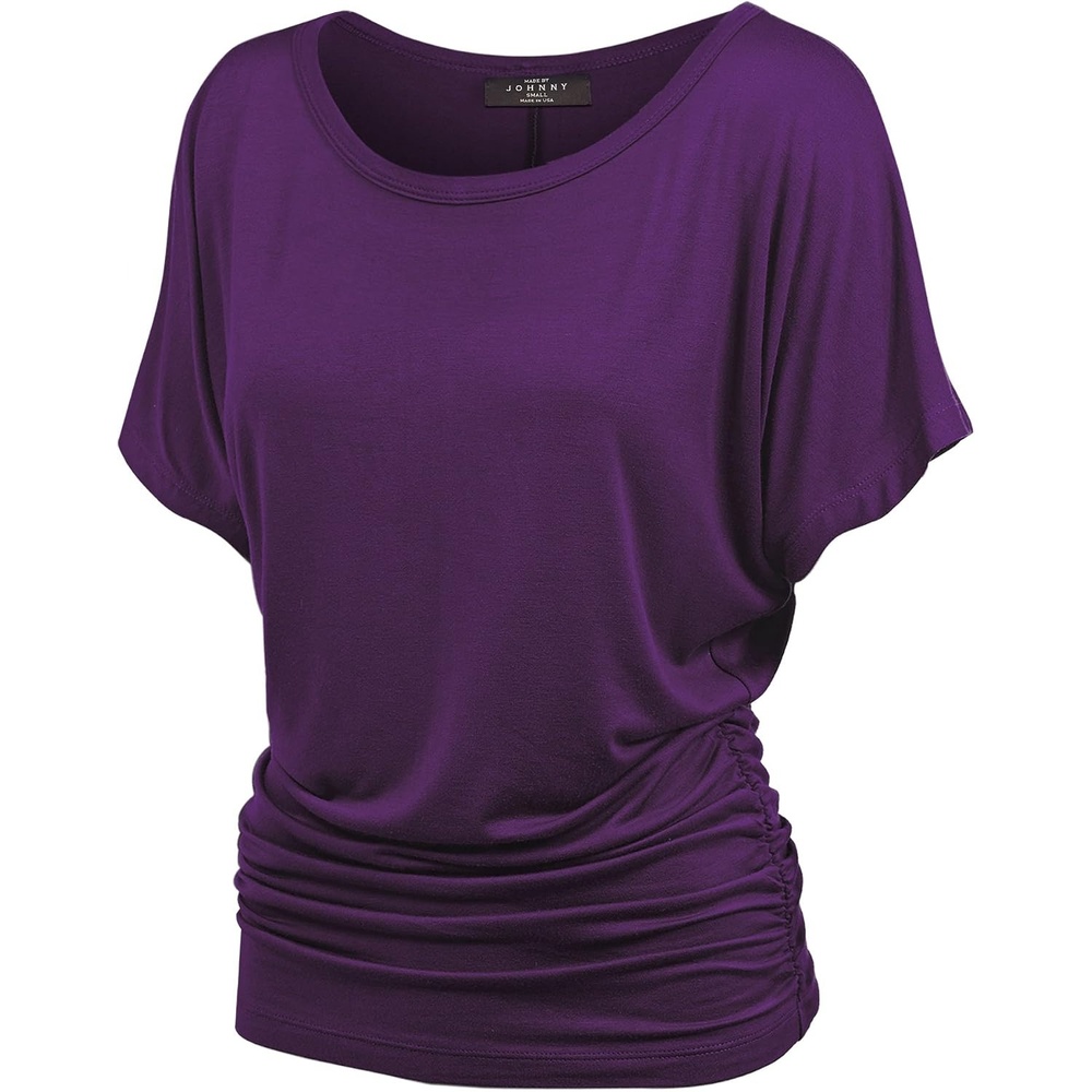image:imageMade By Johnny Womens Casual Solid Short Sleeve Boat NeckV Neck Dolman Top T Shirt with Side ShirringWt817darkpurple