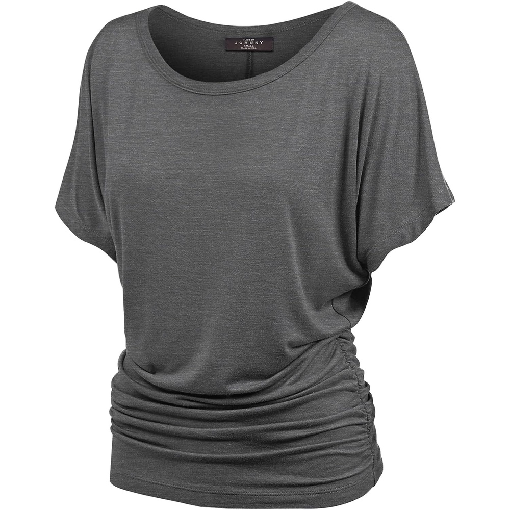 image:imageMade By Johnny Womens Casual Solid Short Sleeve Boat NeckV Neck Dolman Top T Shirt with Side ShirringWt817heathercharcoal