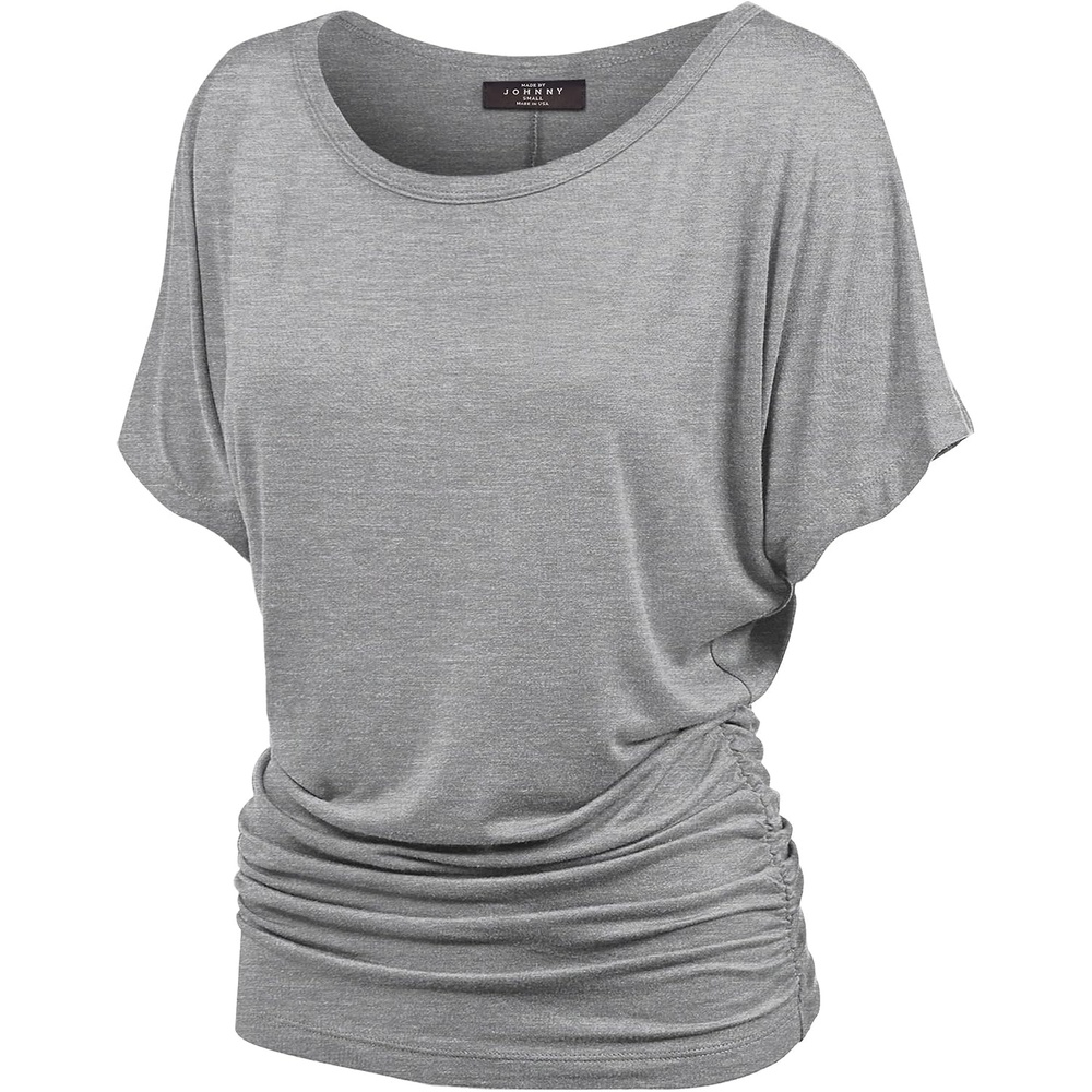 image:imageMade By Johnny Womens Casual Solid Short Sleeve Boat NeckV Neck Dolman Top T Shirt with Side ShirringWt817heathergrey