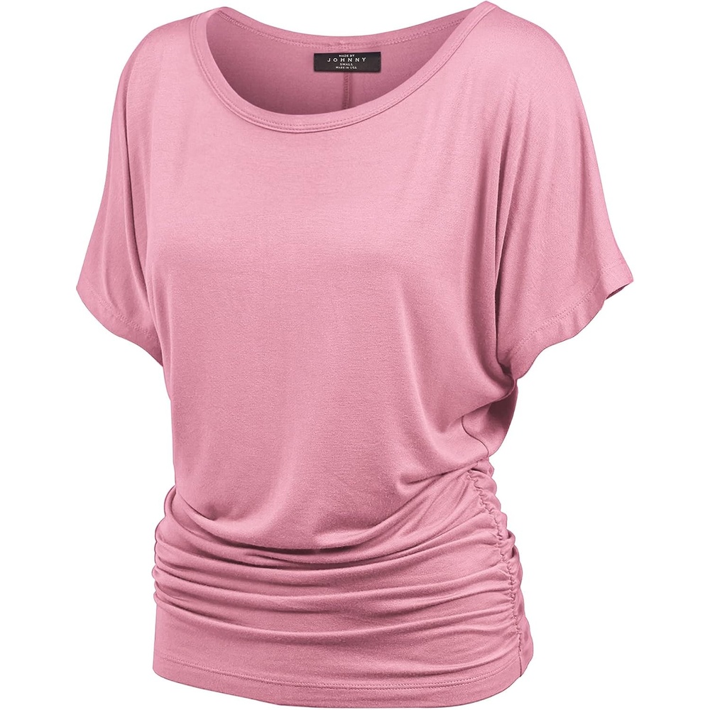 image:imageMade By Johnny Womens Casual Solid Short Sleeve Boat NeckV Neck Dolman Top T Shirt with Side ShirringWt817pink