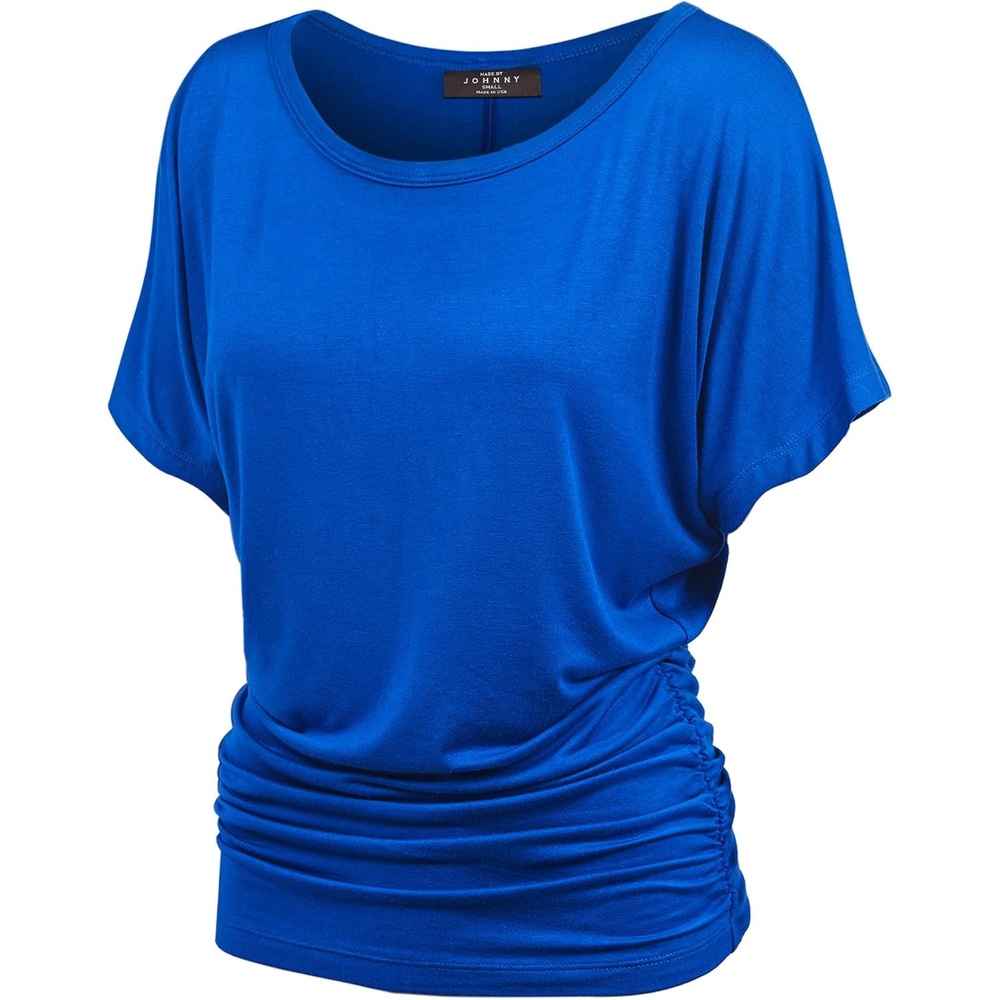 image:imageMade By Johnny Womens Casual Solid Short Sleeve Boat NeckV Neck Dolman Top T Shirt with Side ShirringWt817royalbrite