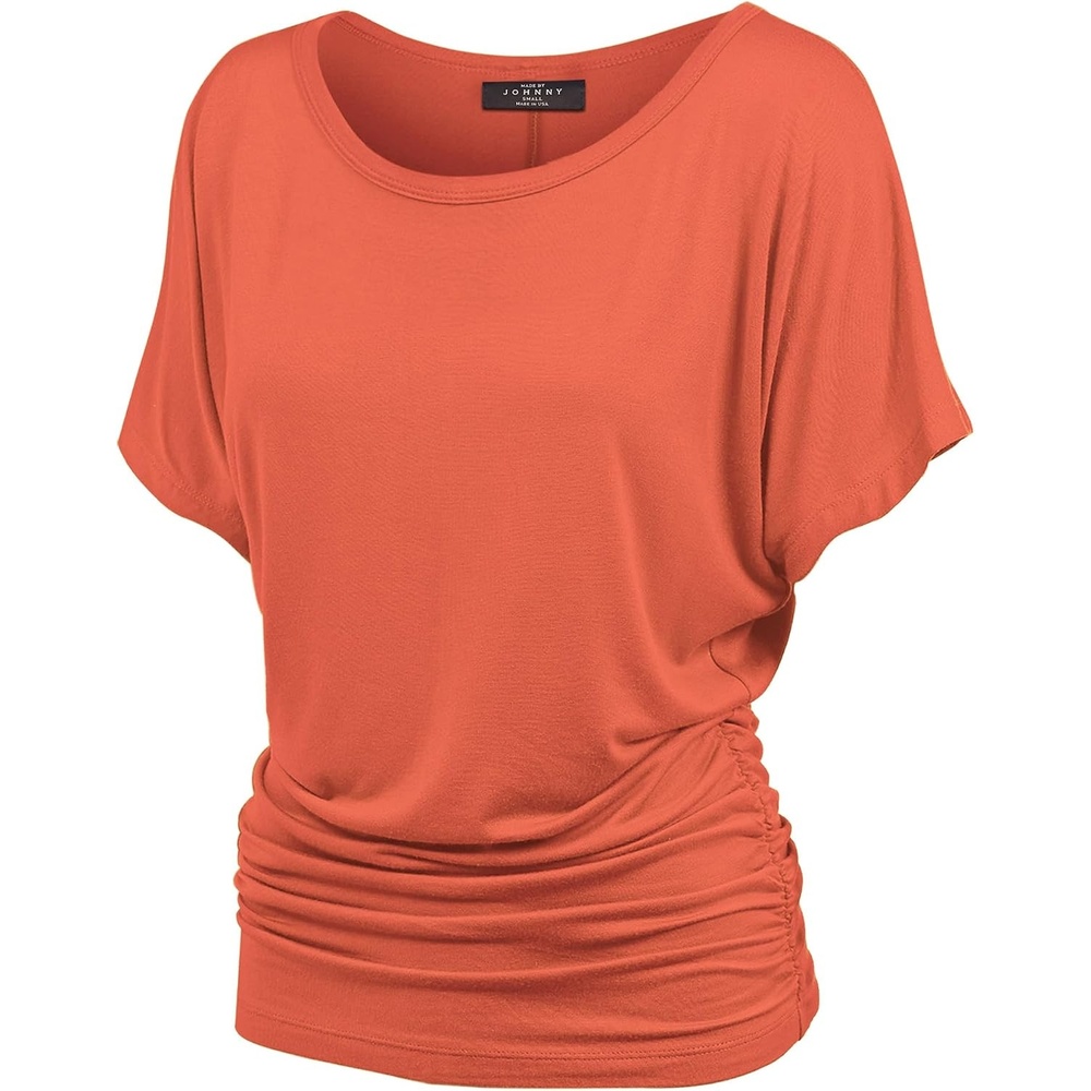 image:imageMade By Johnny Womens Casual Solid Short Sleeve Boat NeckV Neck Dolman Top T Shirt with Side ShirringWt817salmon