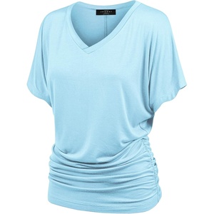 Made By Johnny Women’s Casual Solid Short Sleeve Boat Neck/V Neck Dolman Top T Shirt with Side Shirring(Wt1037_aqua)
