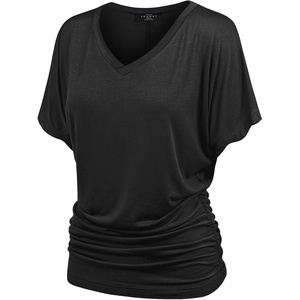 Made By Johnny Women’s Casual Solid Short Sleeve Boat Neck/V Neck Dolman Top T Shirt with Side Shirring(Wt1037_black)