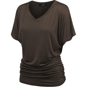 Made By Johnny Women’s Casual Solid Short Sleeve Boat Neck/V Neck Dolman Top T Shirt with Side Shirring(Wt1037_brown)