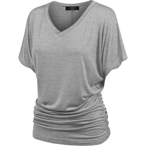 Made By Johnny Women’s Casual Solid Short Sleeve Boat Neck/V Neck Dolman Top T Shirt with Side Shirring(Wt1037_heather_grey)