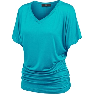 Made By Johnny Women’s Casual Solid Short Sleeve Boat Neck/V Neck Dolman Top T Shirt with Side Shirring(Wt1037_jade)