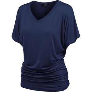 Made By Johnny Women’s Casual Solid Short Sleeve Boat Neck/V Neck Dolman Top T Shirt with Side Shirring(Wt1037_navy)