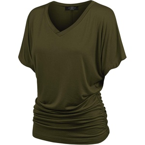 Made By Johnny Women’s Casual Solid Short Sleeve Boat Neck/V Neck Dolman Top T Shirt with Side Shirring(Wt1037_olive)