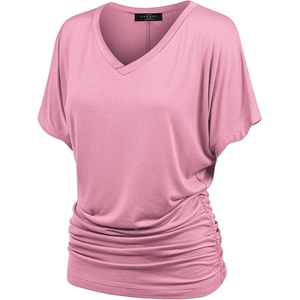 Made By Johnny Women’s Casual Solid Short Sleeve Boat Neck/V Neck Dolman Top T Shirt with Side Shirring(Wt1037_pink)