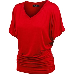 Made By Johnny Women’s Casual Solid Short Sleeve Boat Neck/V Neck Dolman Top T Shirt with Side Shirring(Wt1037_red)