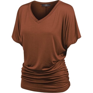 Made By Johnny Women’s Casual Solid Short Sleeve Boat Neck/V Neck Dolman Top T Shirt with Side Shirring(Wt1037_rust)