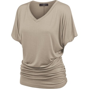 Made By Johnny Women’s Casual Solid Short Sleeve Boat Neck/V Neck Dolman Top T Shirt with Side Shirring(Wt1037_taupe)