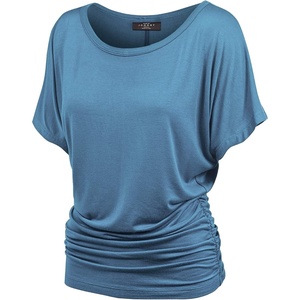 Made By Johnny Women’s Casual Solid Short Sleeve Boat Neck/V Neck Dolman Top T Shirt with Side Shirring(Wt817_denim)