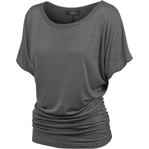 Made By Johnny Women’s Casual Solid Short Sleeve Boat Neck/V Neck Dolman Top T Shirt with Side Shirring(Wt817_heather_charcoal)