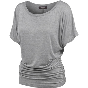 Made By Johnny Women’s Casual Solid Short Sleeve Boat Neck/V Neck Dolman Top T Shirt with Side Shirring(Wt817_heather_grey)