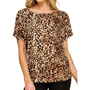 Made By Johnny Women’s Casual Solid Short Sleeve Boat Neck/V Neck Dolman Top T Shirt with Side Shirring(Wt817_leopard)